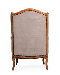 Photo of One stylish armchair isolated on white, back view. Used stuff