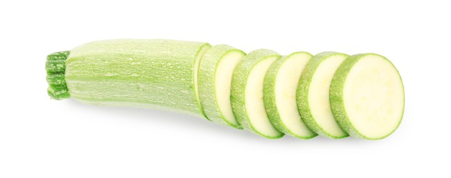 Photo of Fresh cut zucchini isolated on white, above view