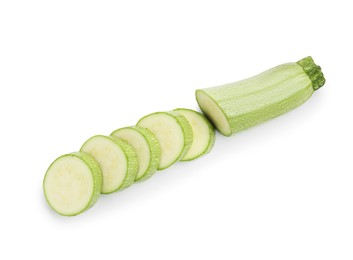 Photo of Fresh cut zucchini isolated on white, above view