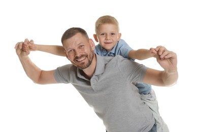 Photo of Father and son having fun on white background