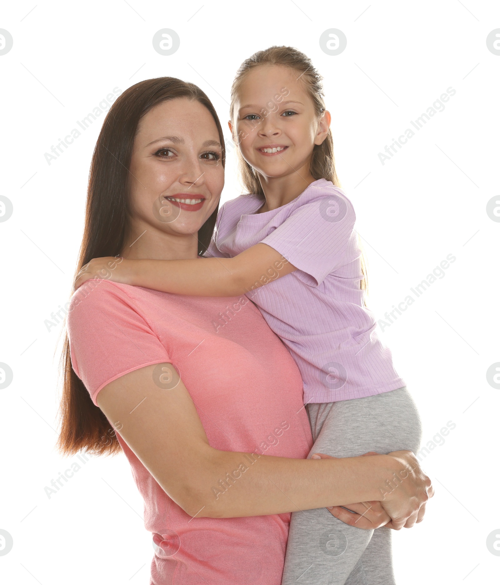 Photo of Portrait of mother and daughter on white background