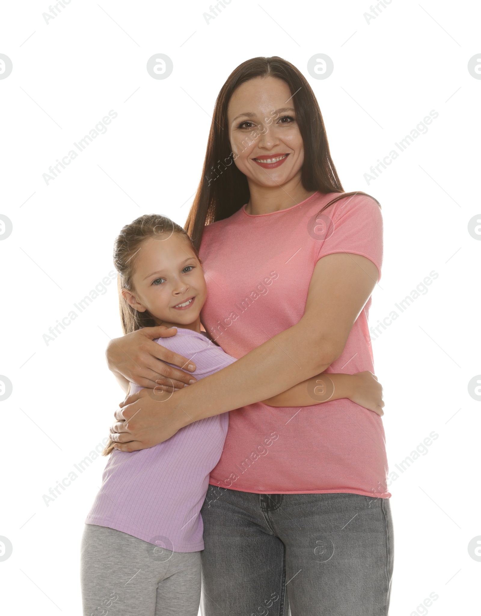 Photo of Portrait of mother and daughter on white background