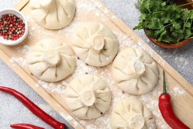 Photo of Uncooked khinkalis (dumplings) and spices on light grey table, flat lay