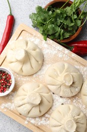 Photo of Uncooked khinkalis (dumplings) and spices on light table, flat lay