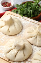 Photo of Uncooked khinkalis (dumplings), peppercorns and parsley on table, closeup