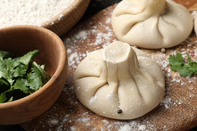Photo of Uncooked khinkalis (dumplings) and parsley on wooden board, closeup