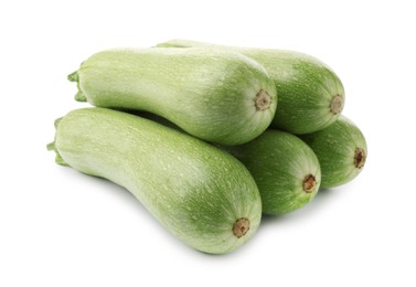 Photo of Many fresh ripe zucchinis isolated on white