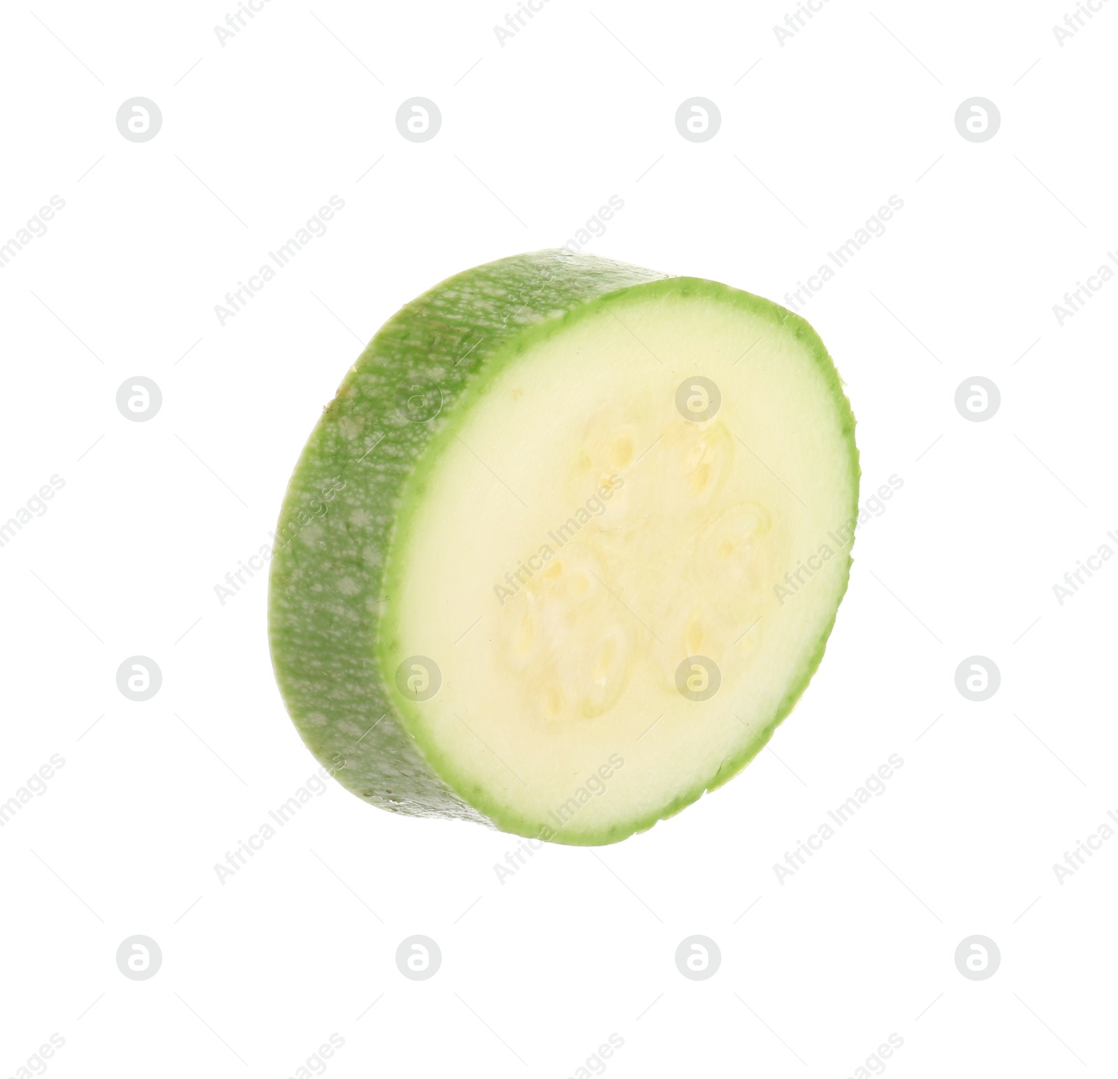 One slice of fresh zucchini isolated on white Photo of One slice of fresh zucchini isolated on white