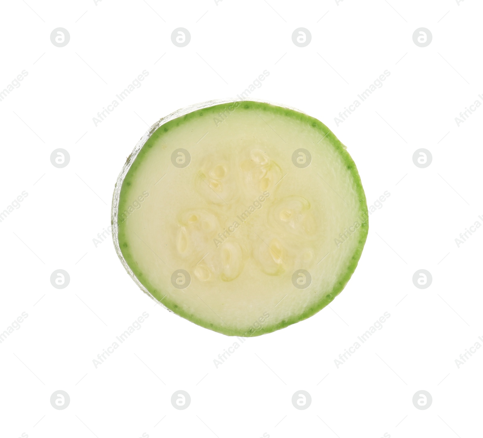 One slice of fresh zucchini isolated on white Photo of One slice of fresh zucchini isolated on white