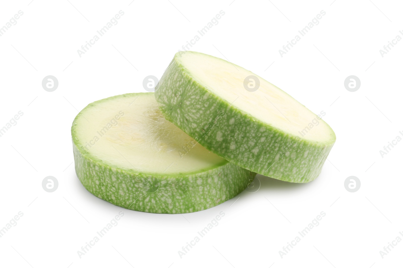 Slices of fresh zucchini isolated on white Photo of Slices of fresh zucchini isolated on white
