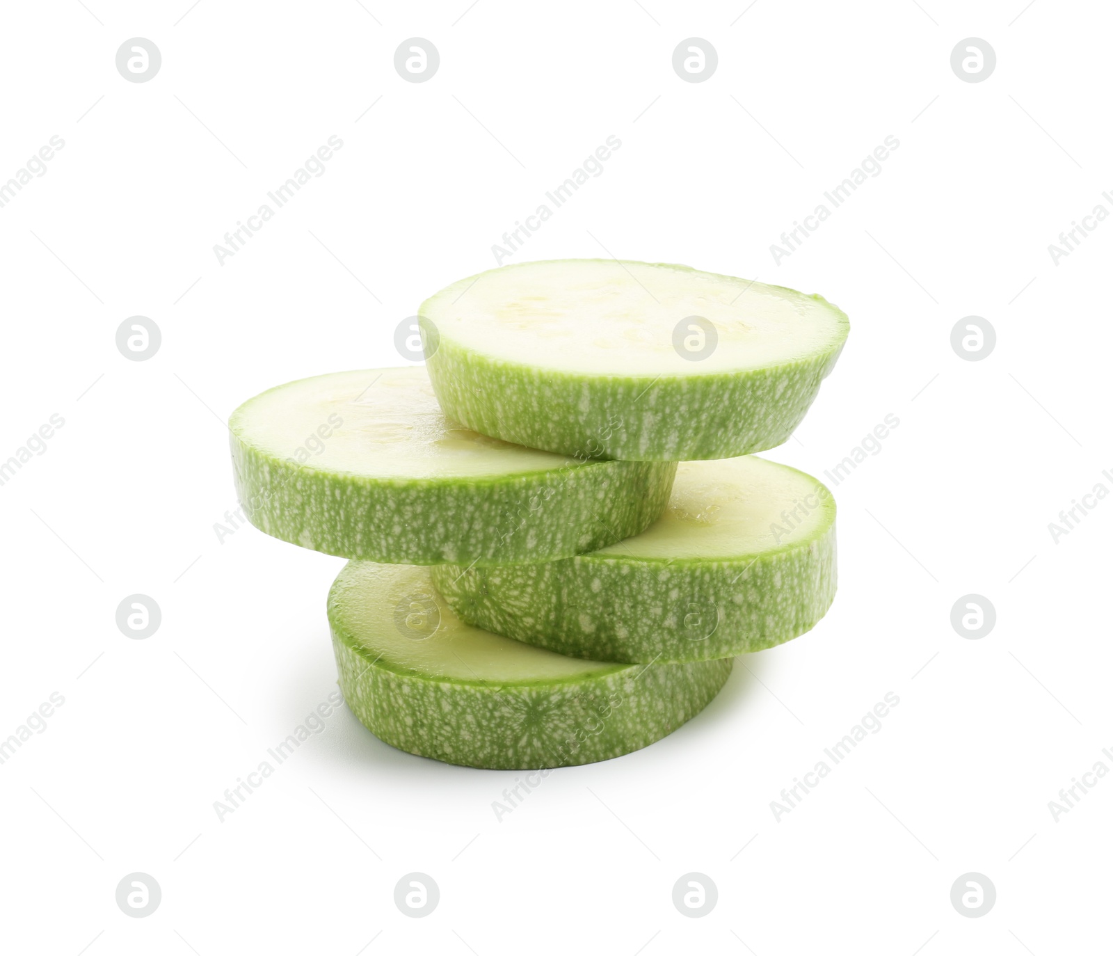 Slices of fresh zucchini isolated on white Photo of Slices of fresh zucchini isolated on white