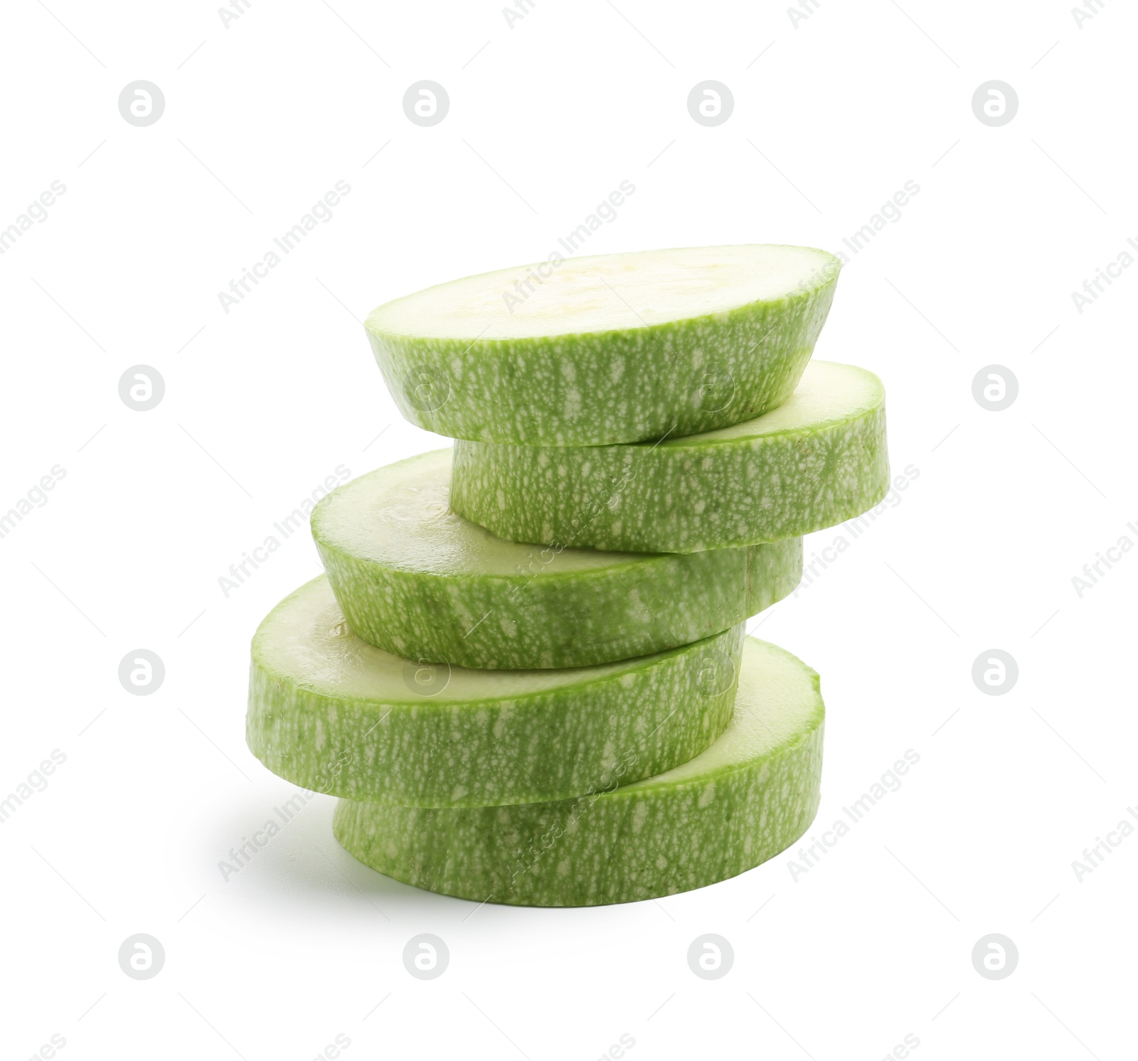 Stack of fresh zucchini slices isolated on white Photo of Stack of fresh zucchini slices isolated on white