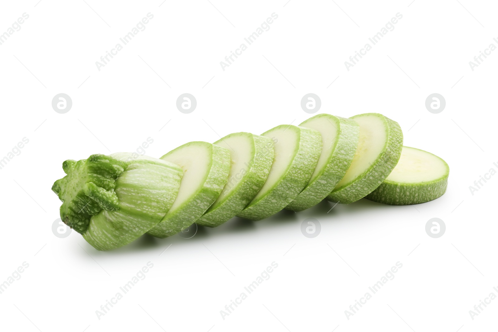 Slices of fresh zucchini isolated on white Photo of Slices of fresh zucchini isolated on white