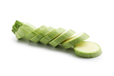 Photo of Slices of fresh zucchini isolated on white