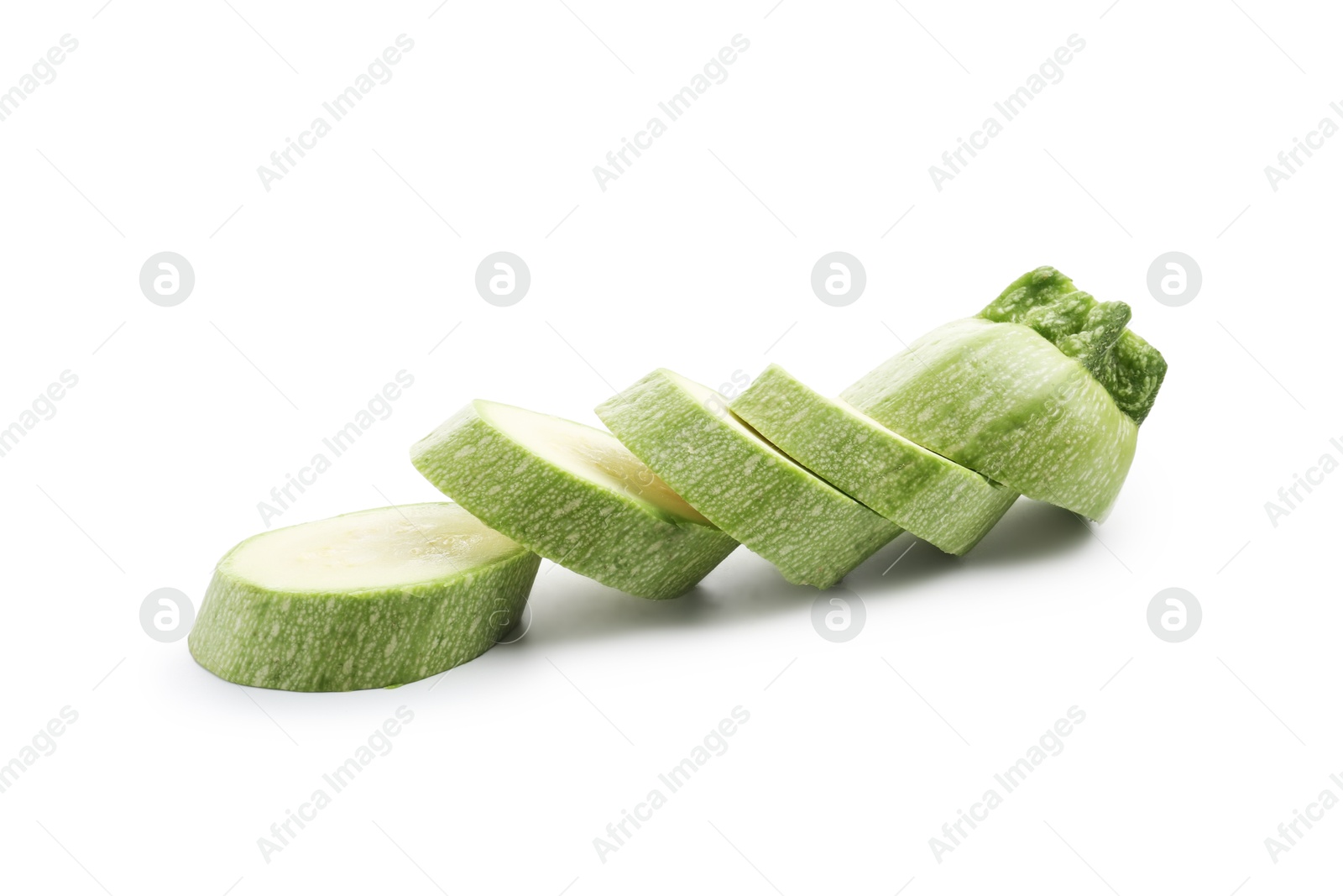 Slices of fresh zucchini isolated on white Photo of Slices of fresh zucchini isolated on white