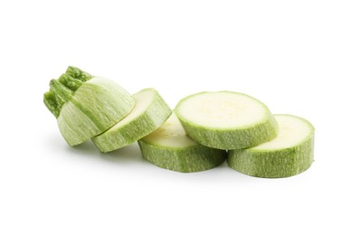 Photo of Slices of fresh zucchini isolated on white