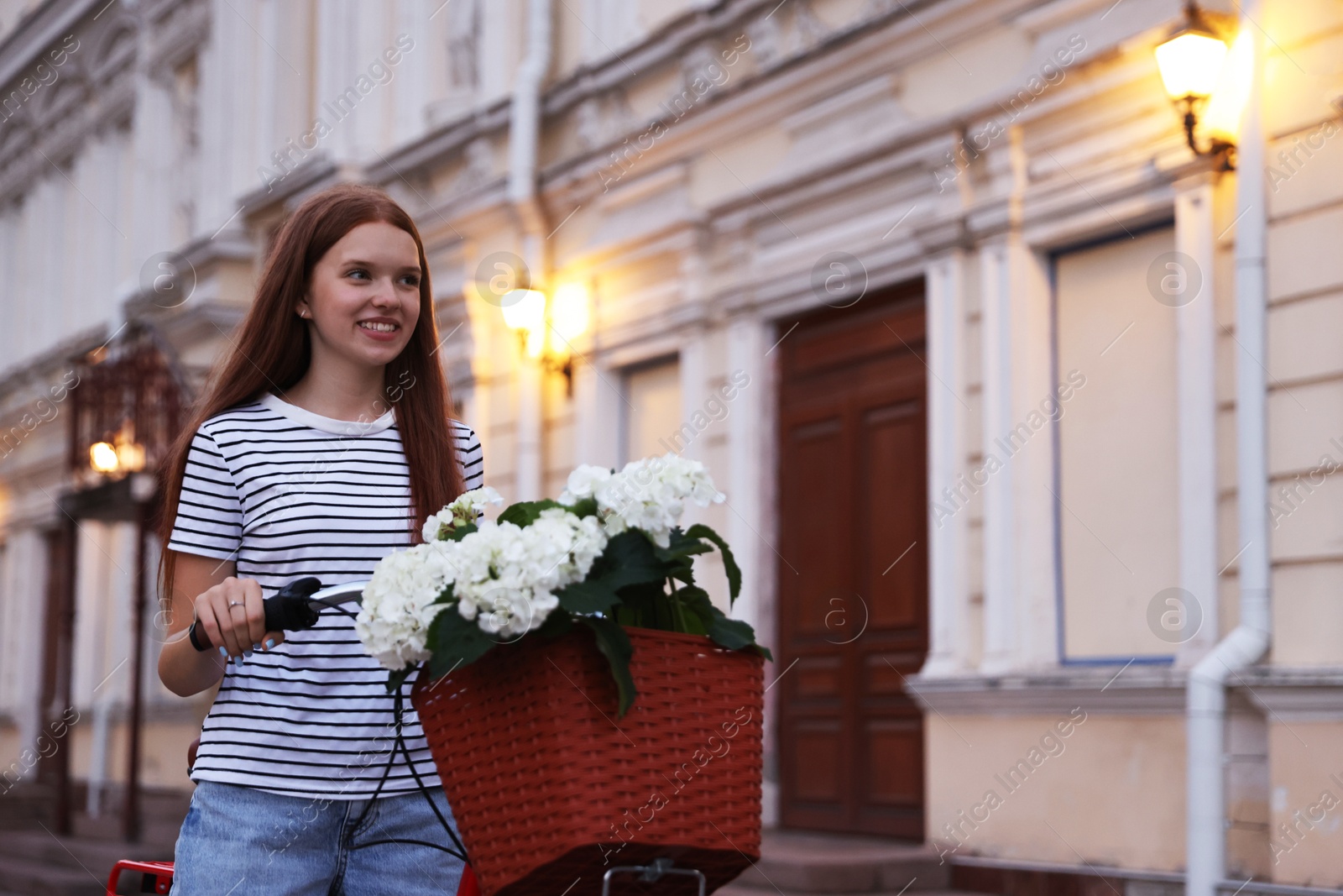 Photo of Beautiful teenage girl near bicycle with basket of flowers on city street, space for text