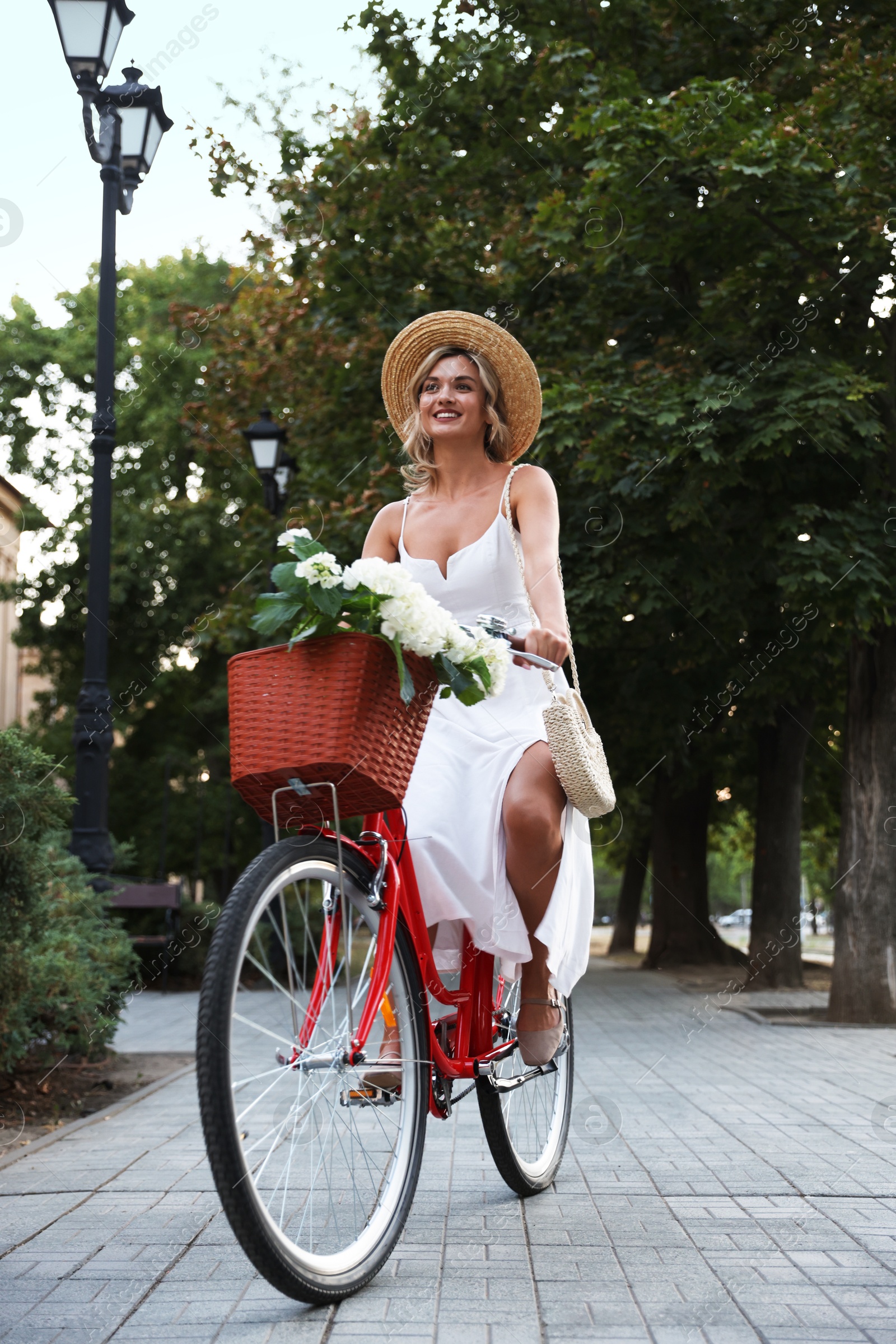 Beautiful woman riding bicycle with basket of flowers on city street, low angle view Photo of Beautiful woman riding bicycle with basket of flowers on city street, low angle view