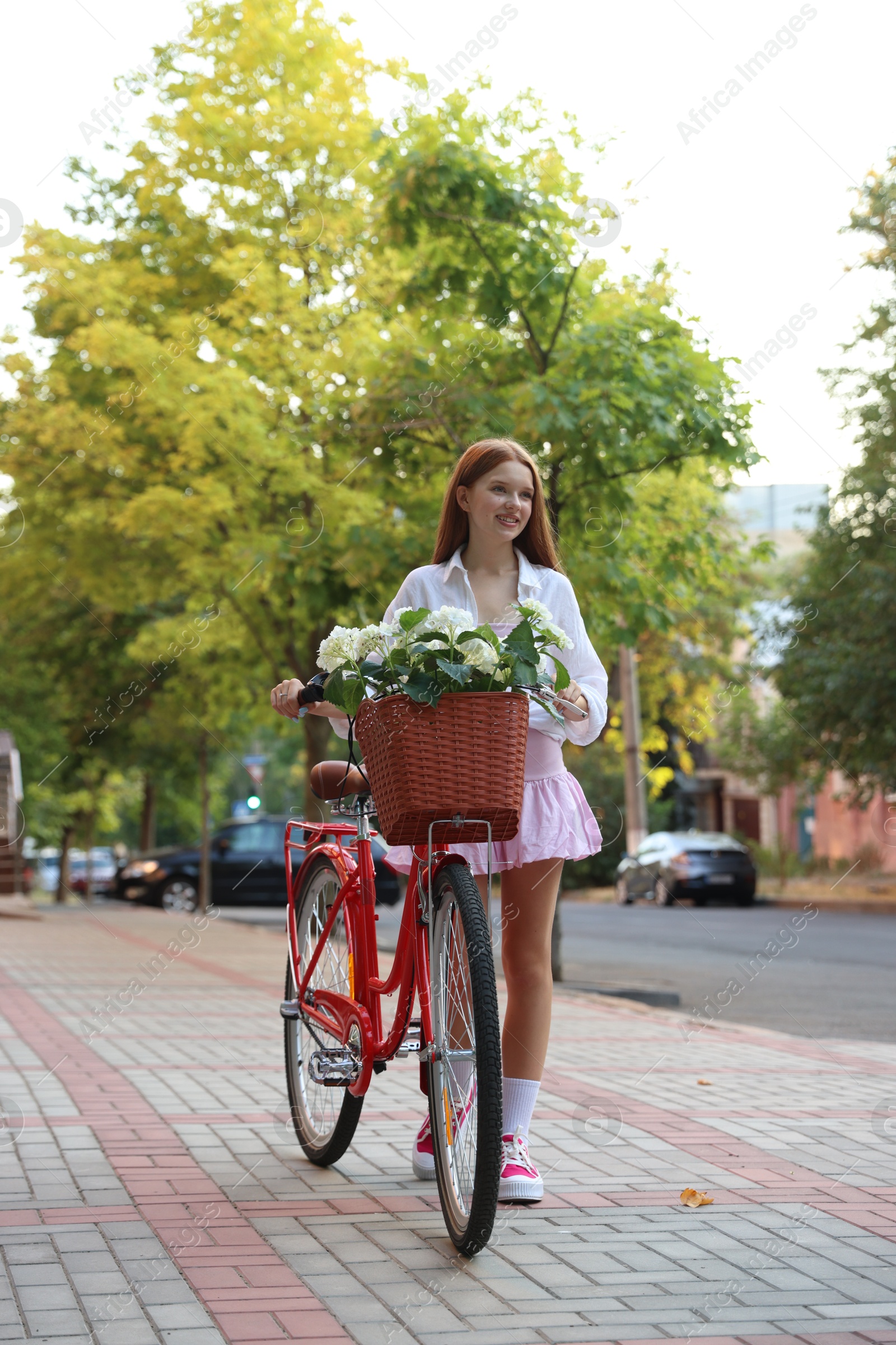 Beautiful teenage girl near bicycle with basket of flowers on city street Photo of Beautiful teenage girl near bicycle with basket of flowers on city street