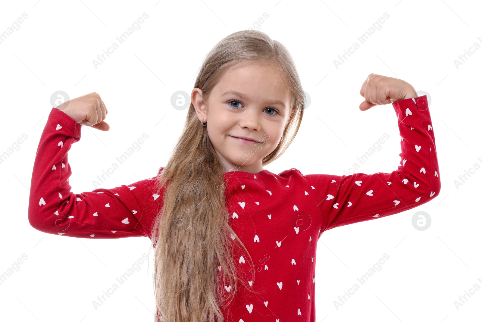 Strength. Happy little girl showing her biceps on white background Photo of Strength. Happy little girl showing her biceps on white background