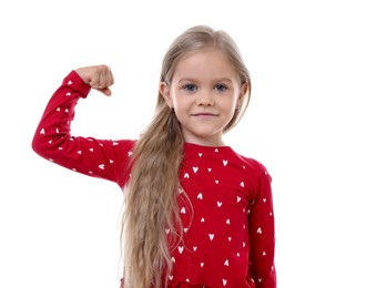 Photo of Strength. Happy little girl showing her biceps on white background