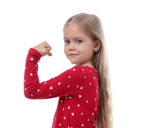 Photo of Strength. Happy little girl showing her biceps on white background