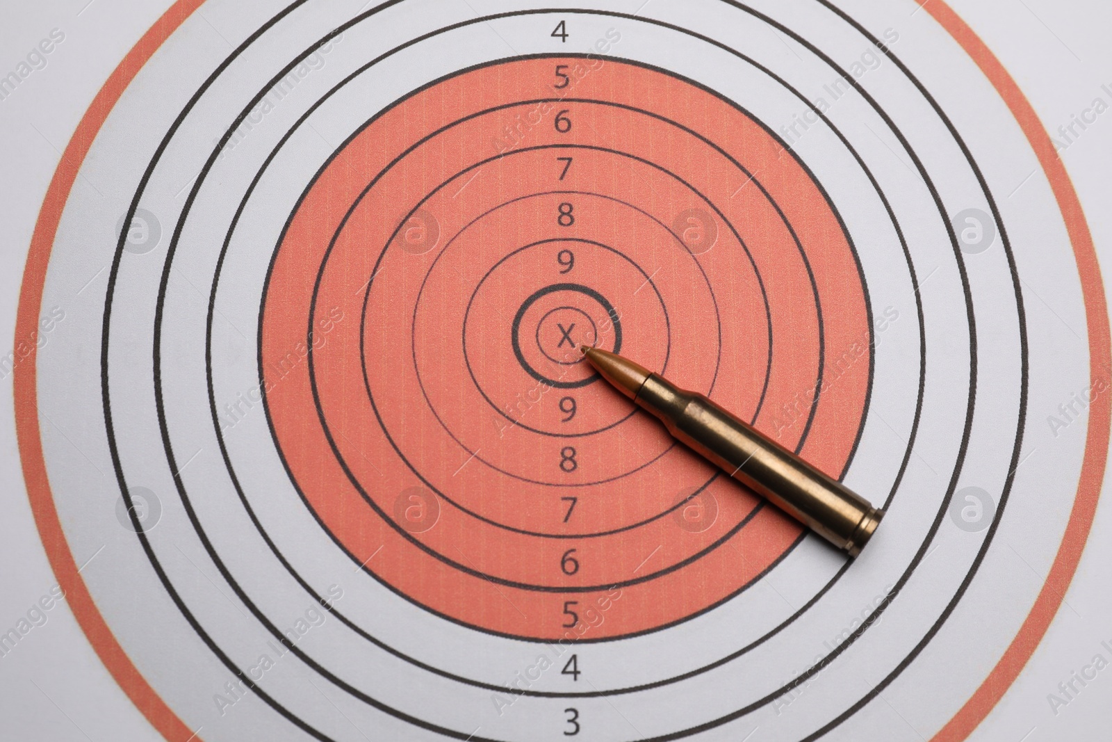 Photo of Firearm cartridge on paper target, top view