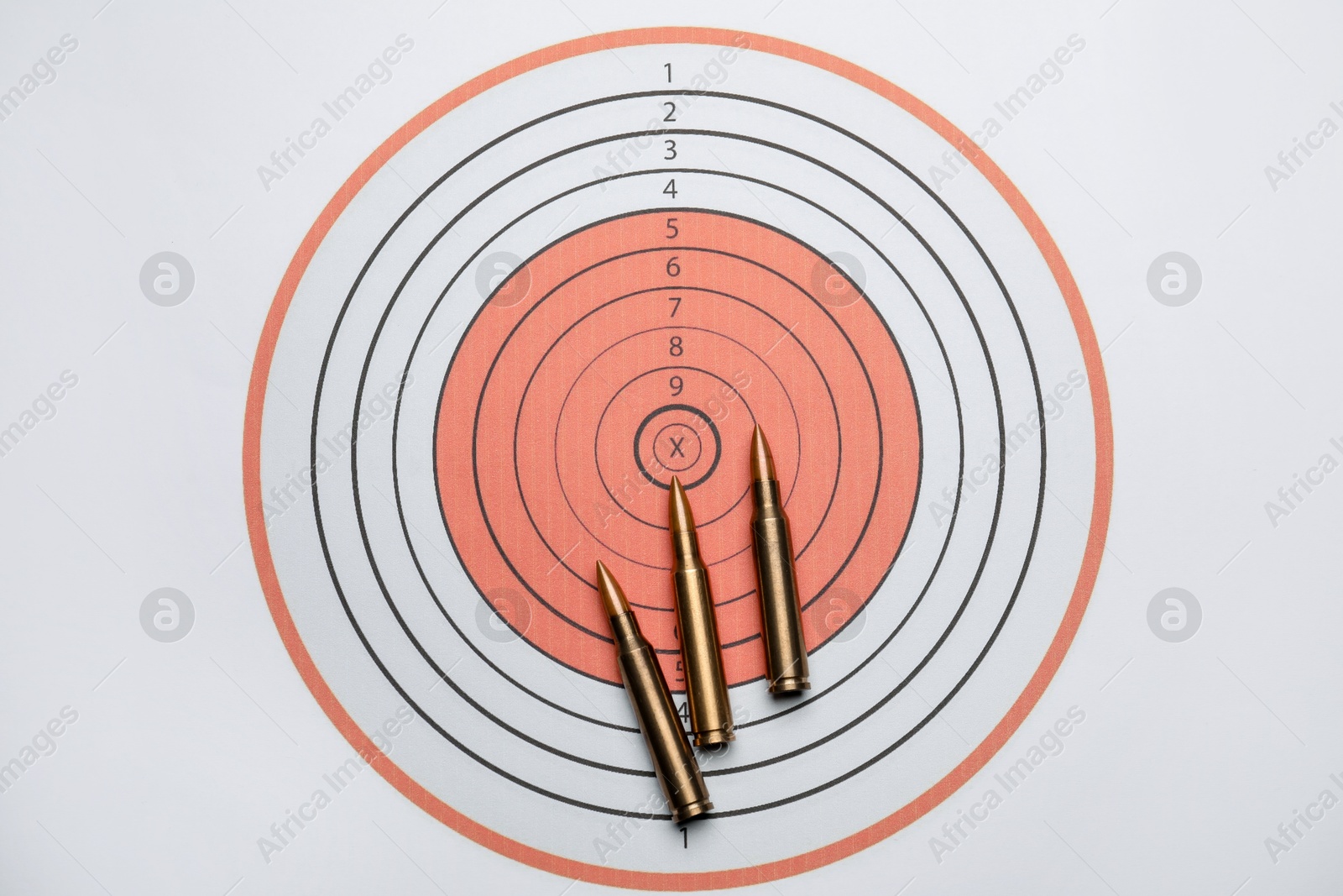 Firearm cartridges on paper target, flat lay Photo of Firearm cartridges on paper target, flat lay