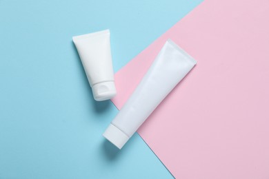 Photo of Cosmetic products on color background, flat lay. Mockup for design