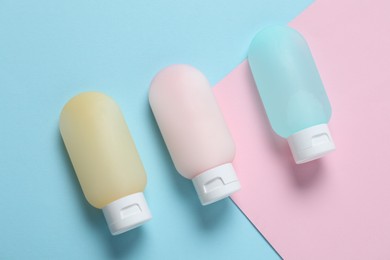 Photo of Cosmetic products on color background, flat lay. Mockup for design