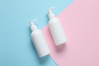 Photo of Cosmetic products on color background, flat lay. Mockup for design