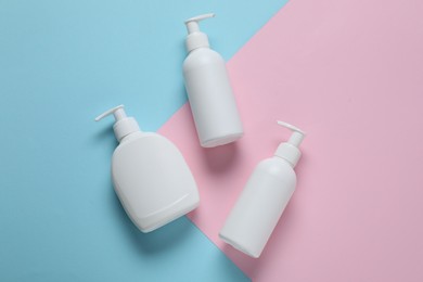 Photo of Cosmetic products on color background, flat lay. Mockup for design