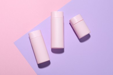 Photo of Cosmetic products on color background, flat lay. Mockup for design