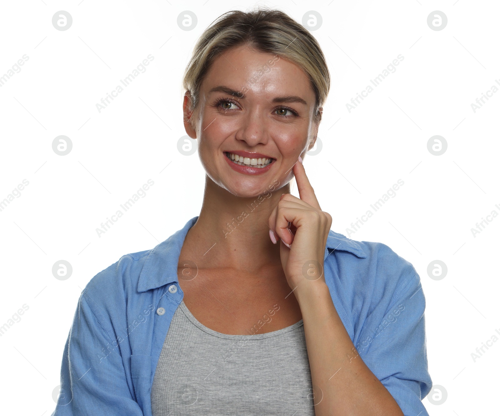 Photo of Woman with beautiful healthy teeth on white background