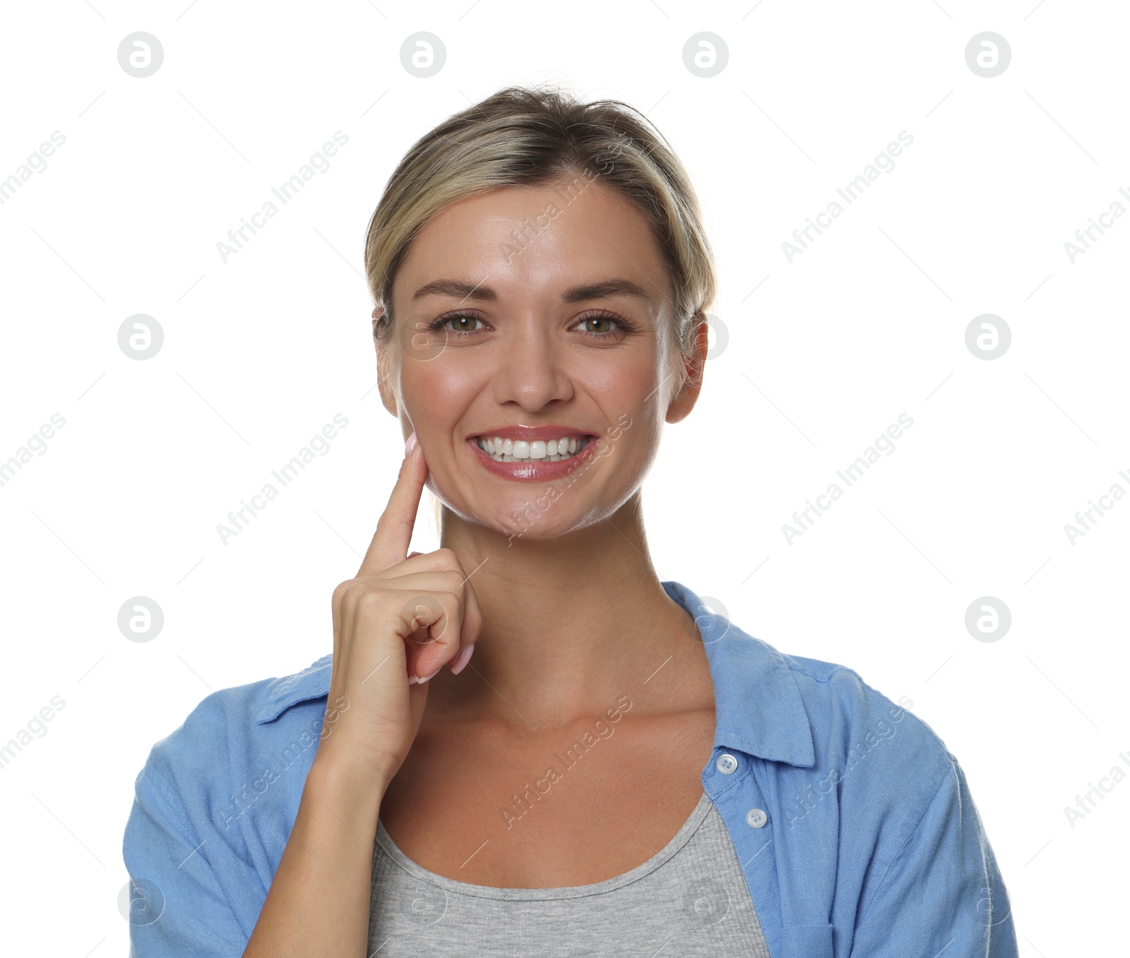 Photo of Woman with beautiful healthy teeth on white background