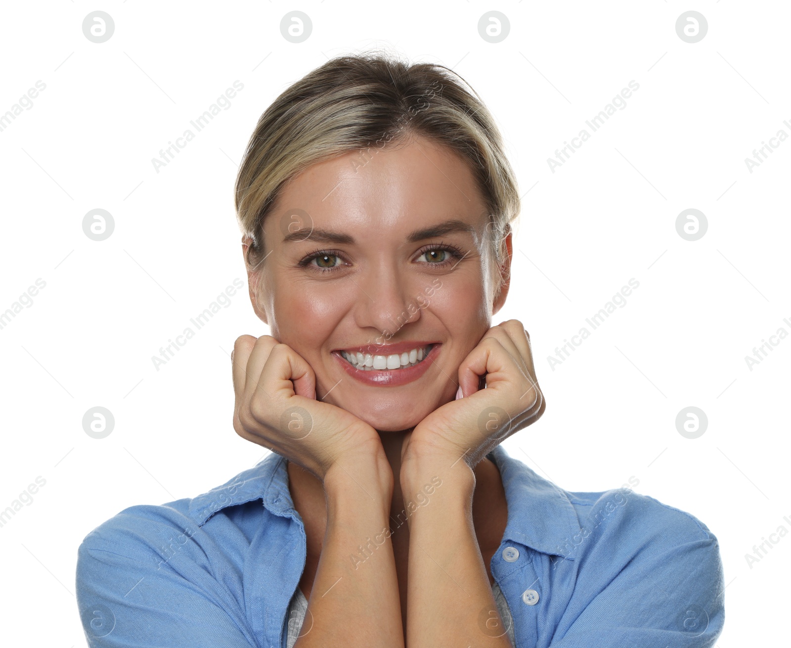 Photo of Woman with beautiful healthy teeth on white background