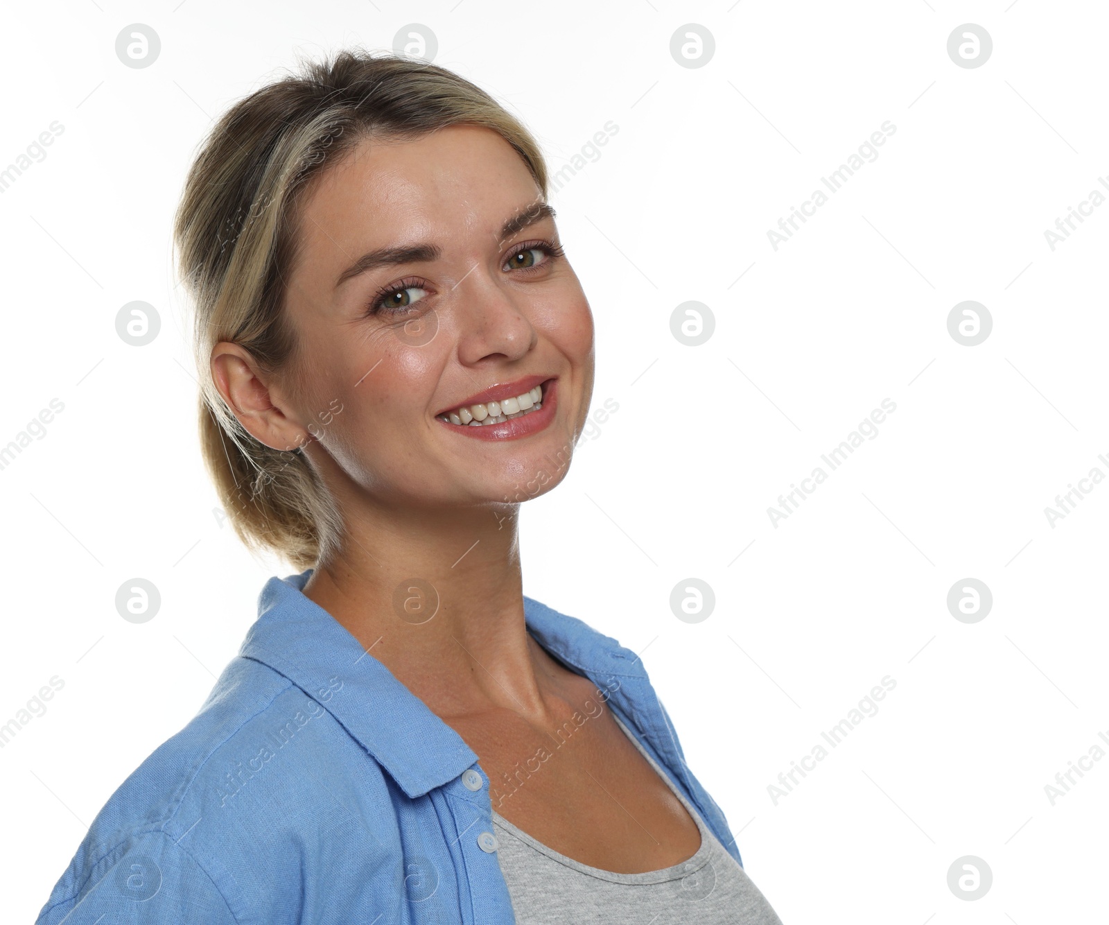 Photo of Woman with beautiful healthy teeth on white background