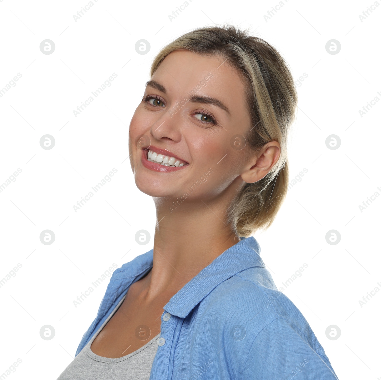 Photo of Woman with beautiful healthy teeth on white background