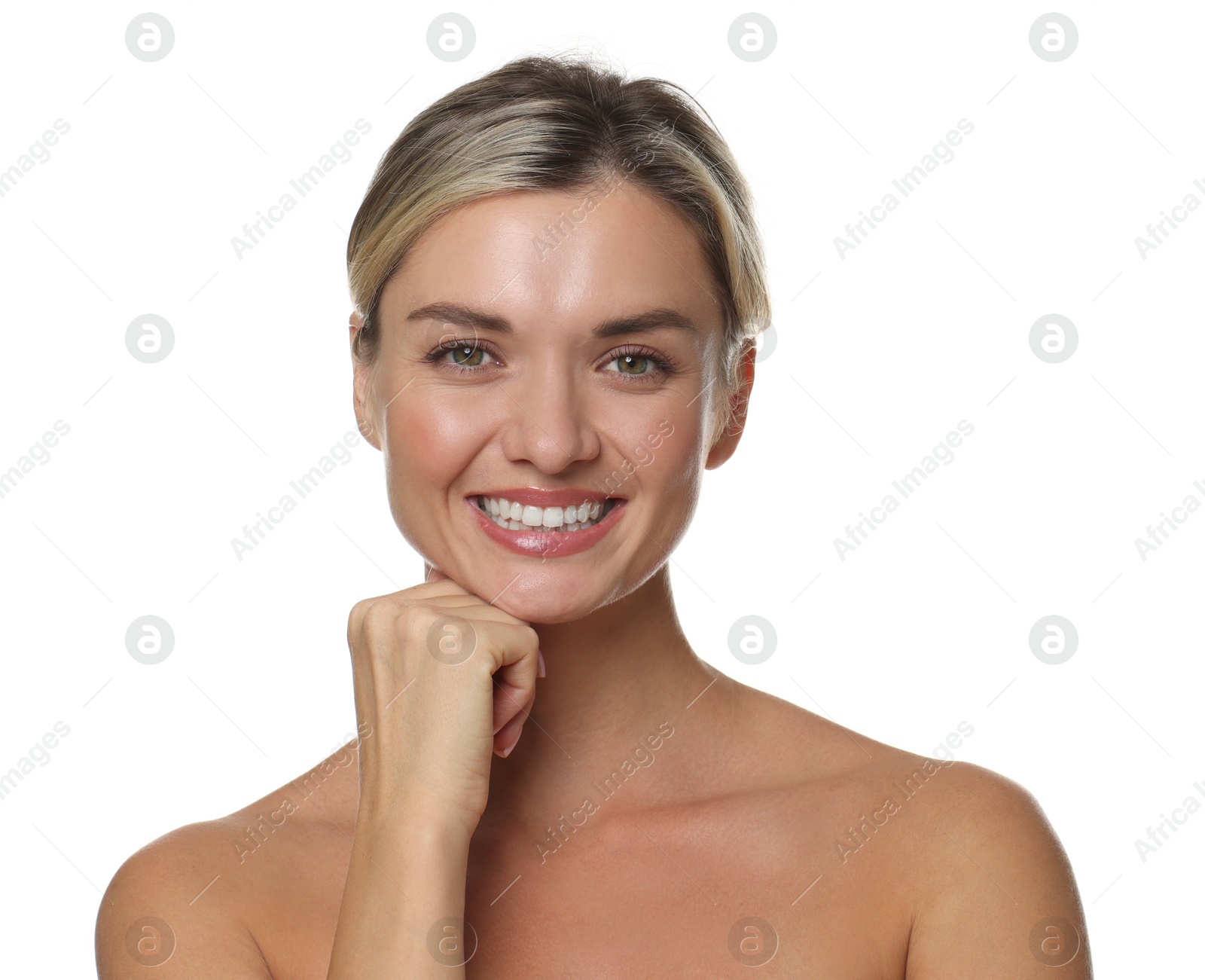 Photo of Woman with beautiful healthy teeth on white background