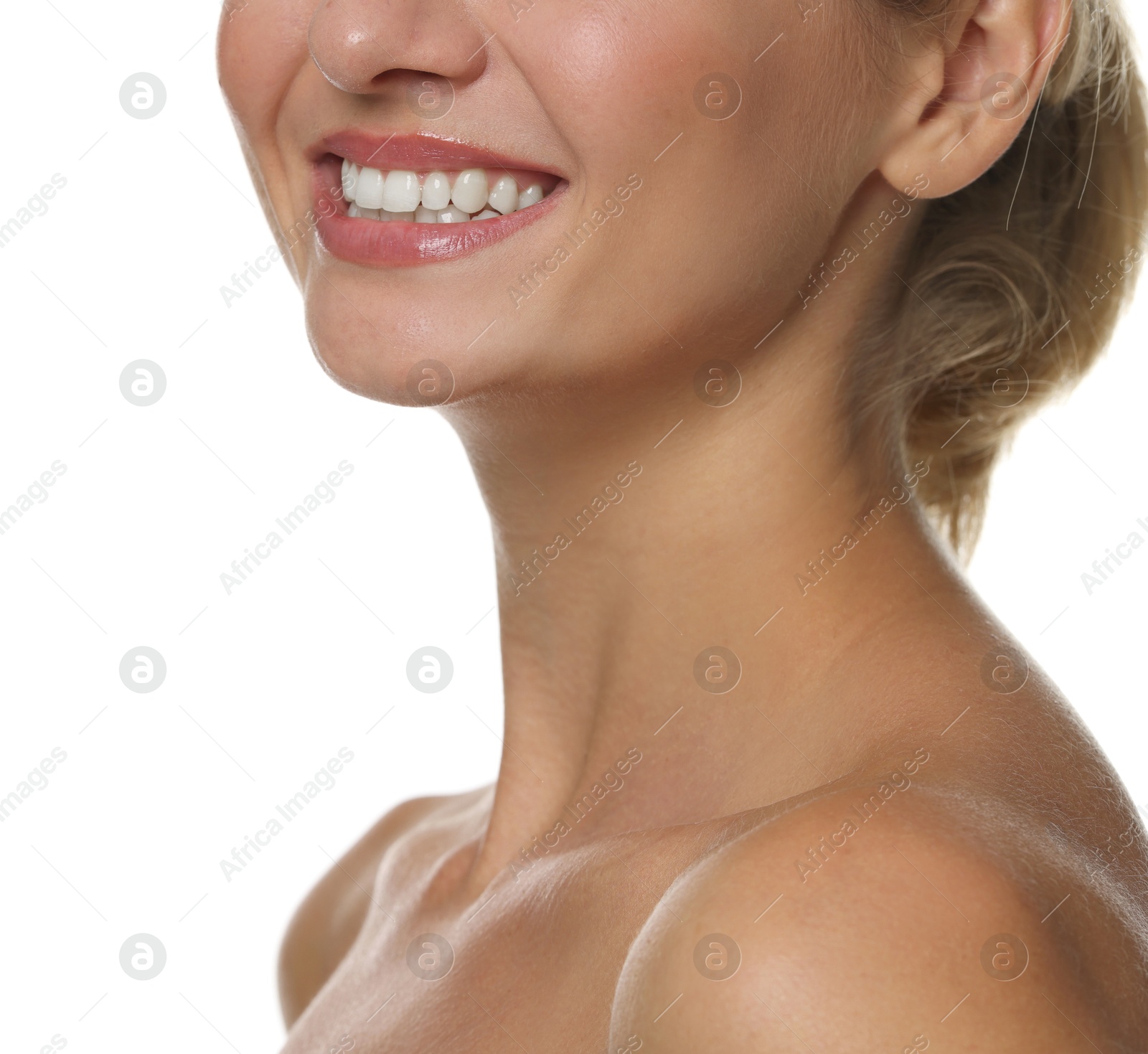 Photo of Woman with beautiful healthy teeth on white background, closeup