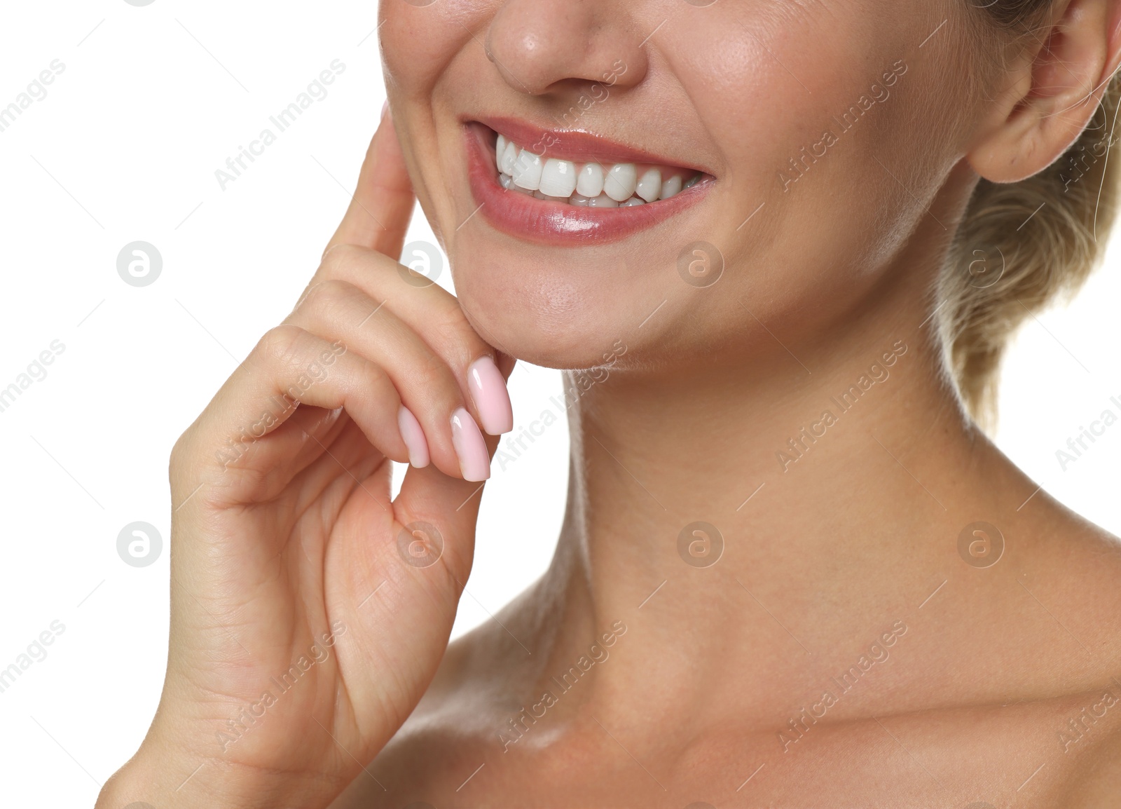 Photo of Woman with beautiful healthy teeth on white background, closeup