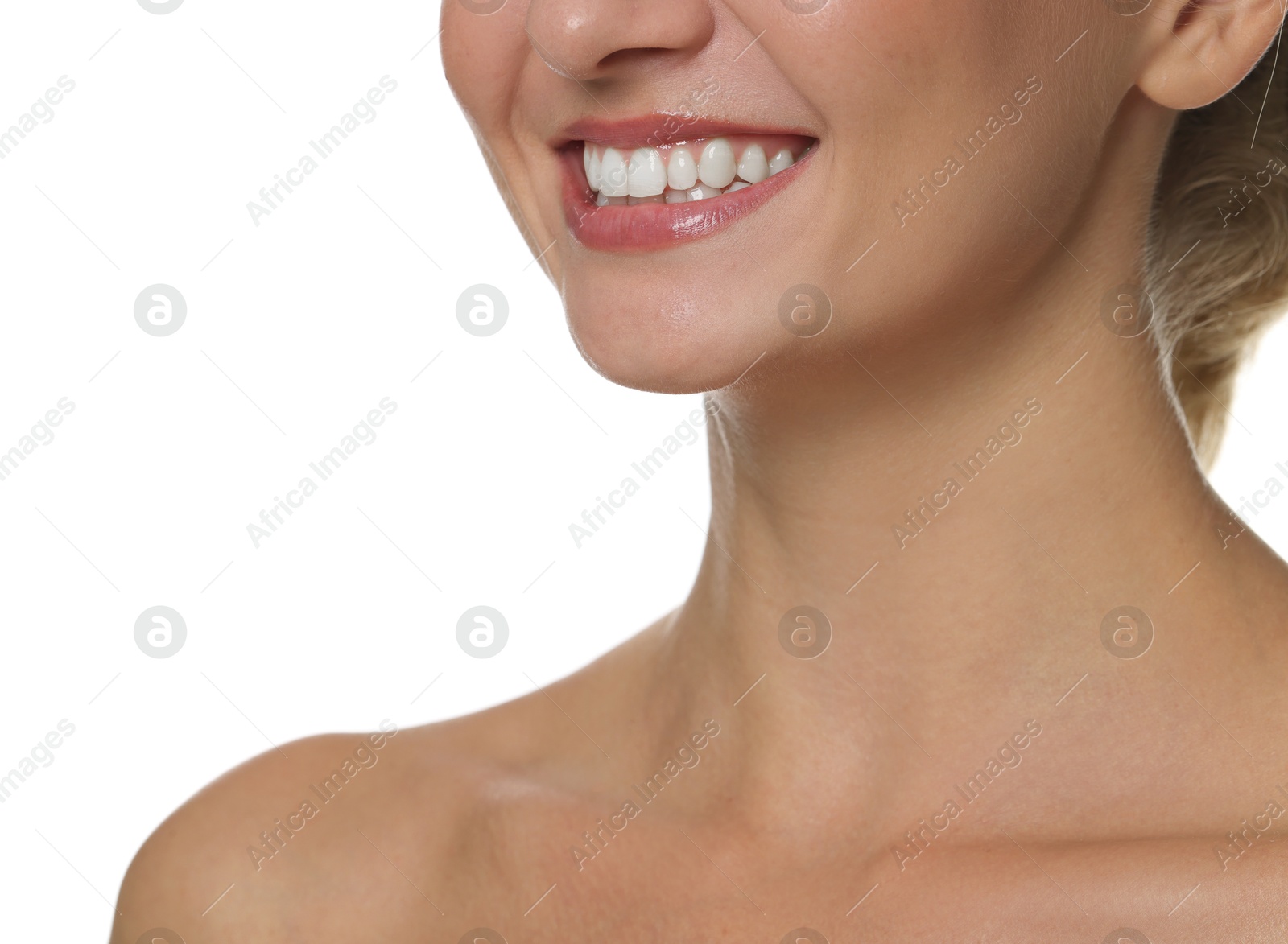 Photo of Woman with beautiful healthy teeth on white background, closeup