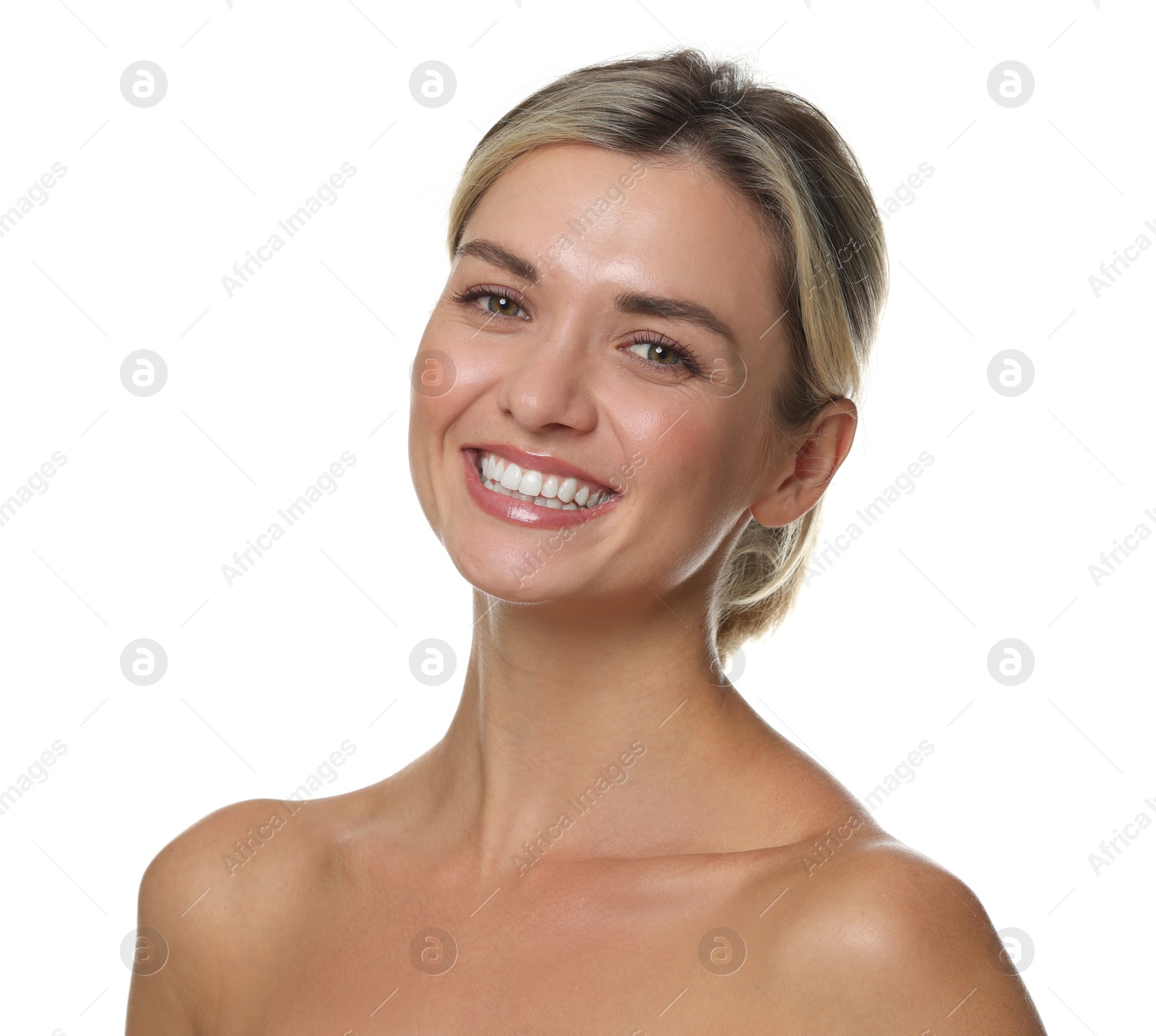 Photo of Woman with beautiful healthy teeth on white background