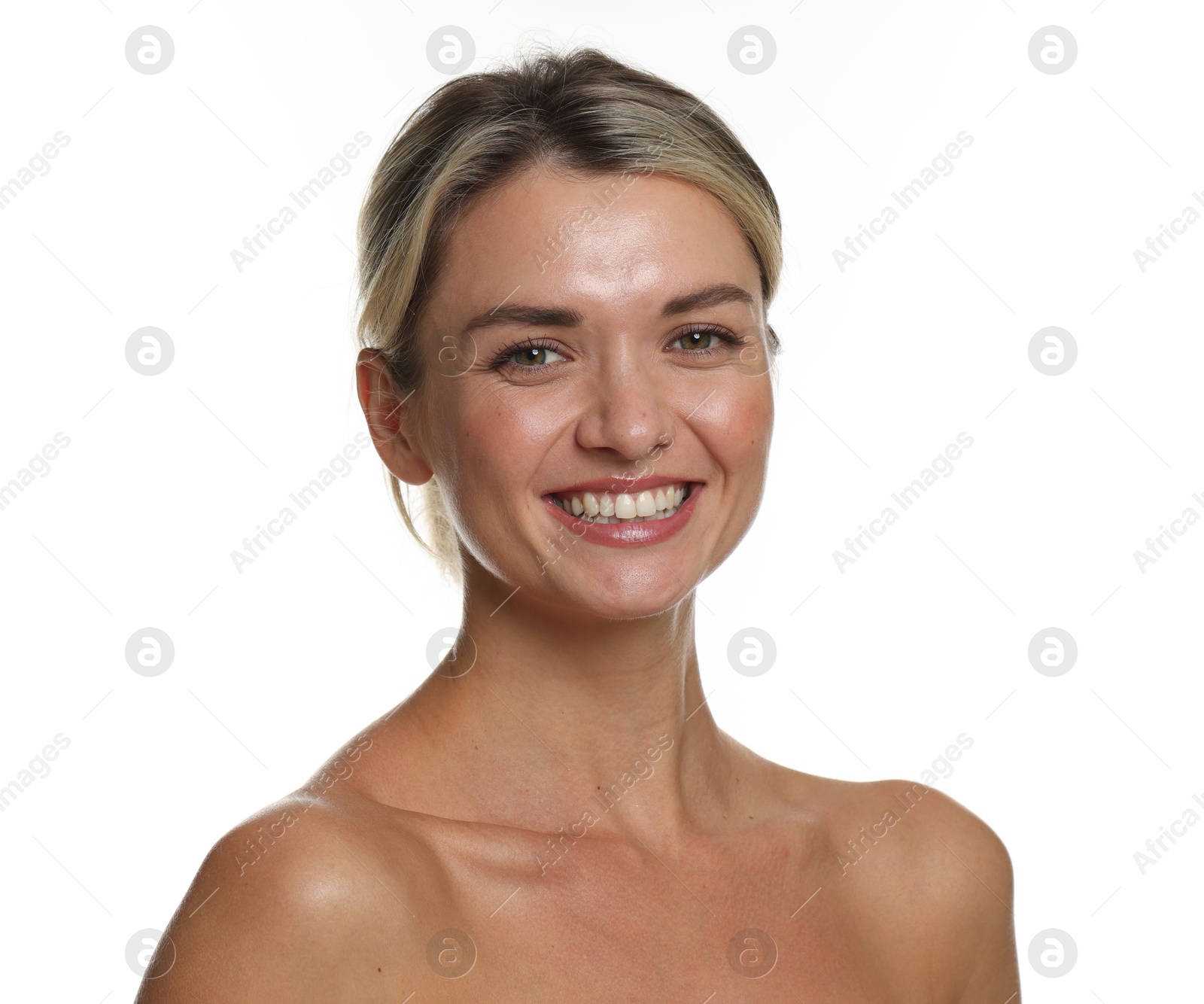 Photo of Woman with beautiful healthy teeth on white background