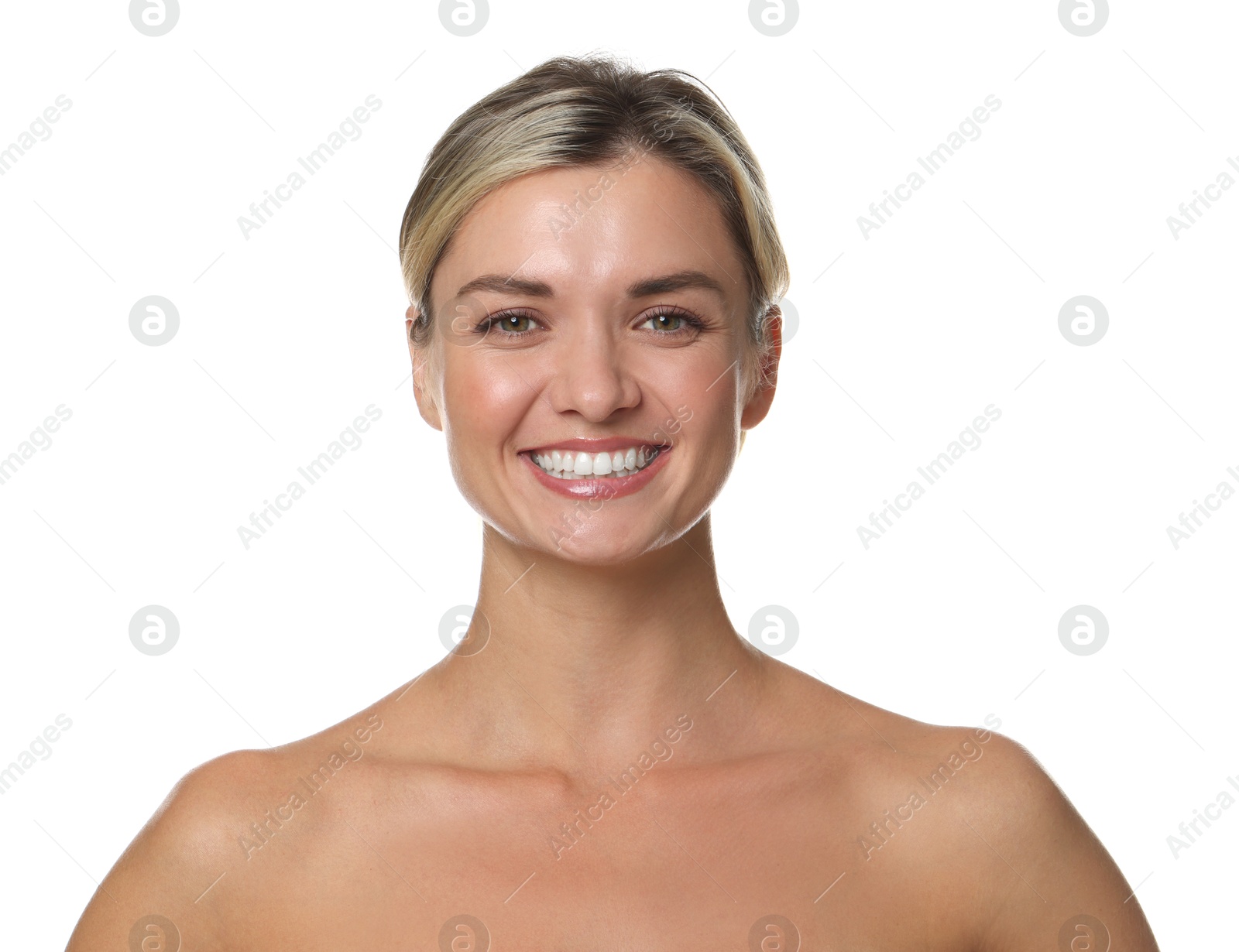 Photo of Woman with beautiful healthy teeth on white background
