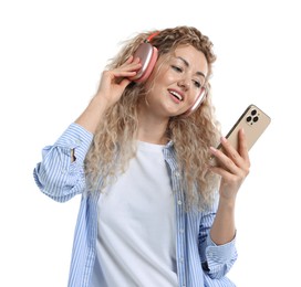Photo of Happy woman with smartphone listening to music in headphones on white background