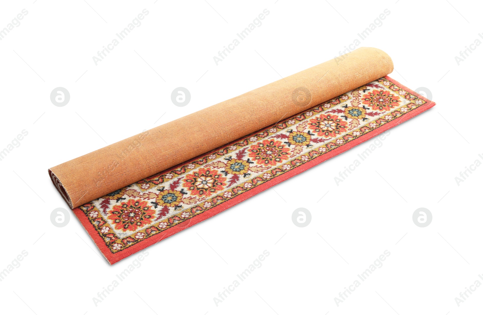 Soft red carpet with pattern isolated on white. Used stuff Photo of Soft red carpet with pattern isolated on white. Used stuff