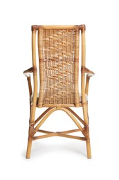 Photo of One stylish wicker chair isolated on white, back view. Used stuff