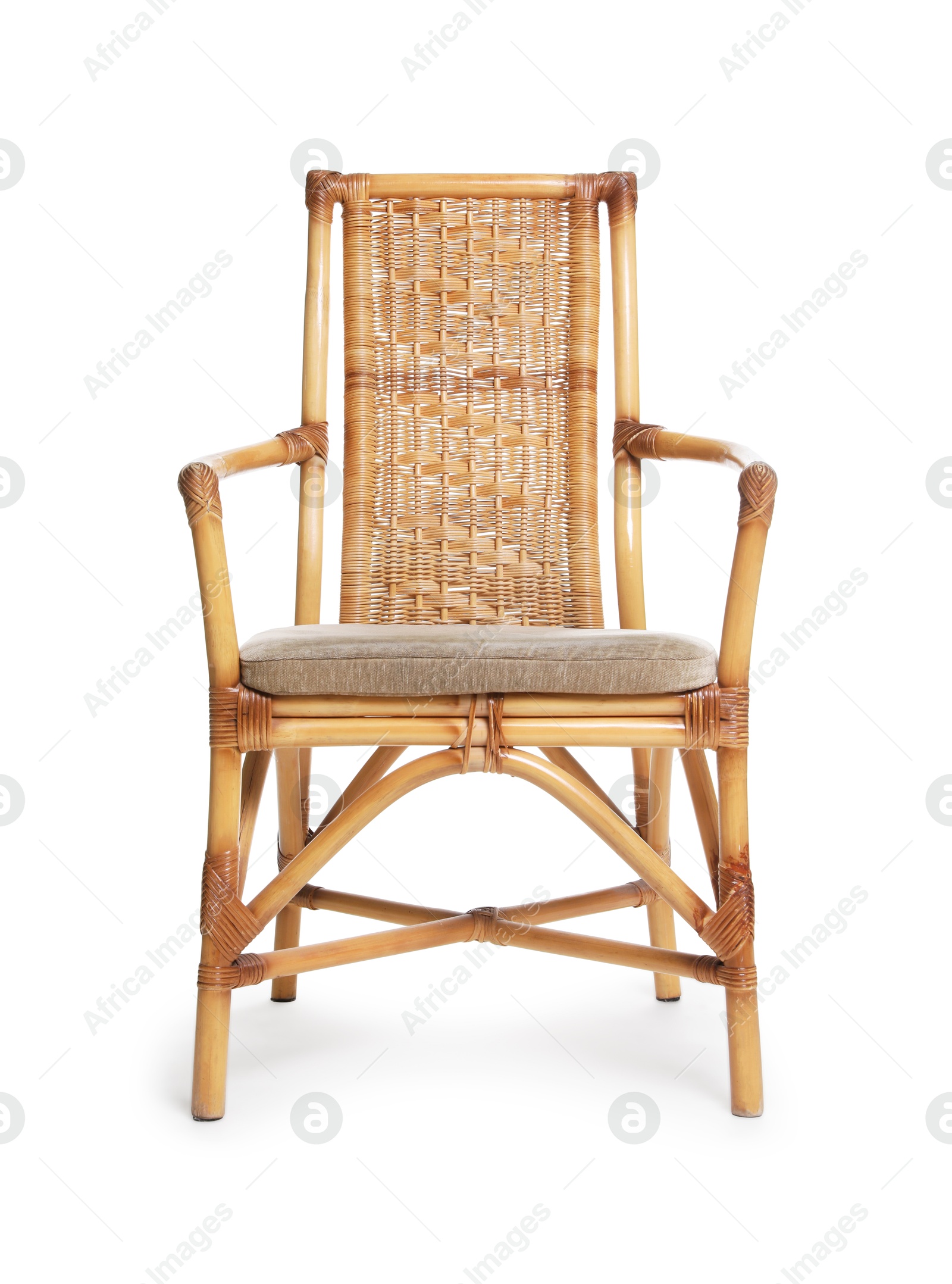 One stylish wicker chair isolated on white. Used stuff Photo of One stylish wicker chair isolated on white. Used stuff