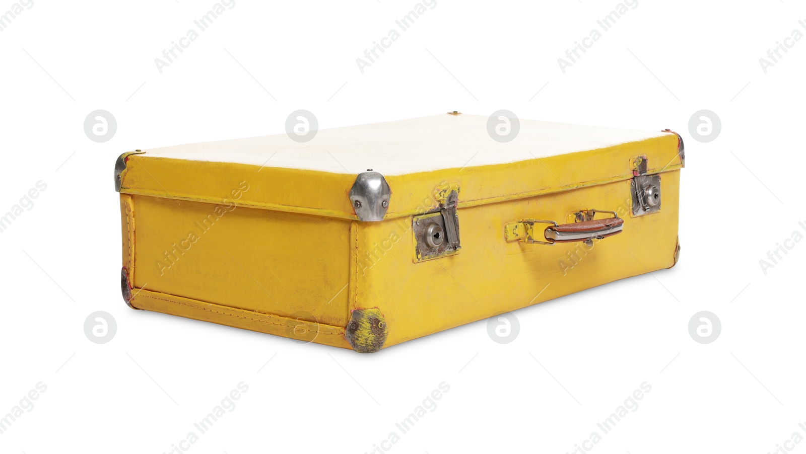 One yellow suitcase isolated on white. Used stuff Photo of One yellow suitcase isolated on white. Used stuff
